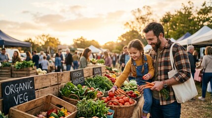 Fototapeta premium Father and daughter shopping for fresh organic vegetables at a sunny outdoor farmers market
