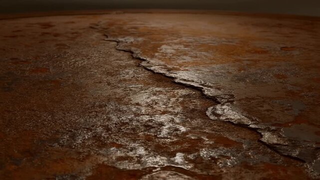 Slow motion close up of cracked rusted metal surface revealing corrosion texture on industrial floor interior with directional low light