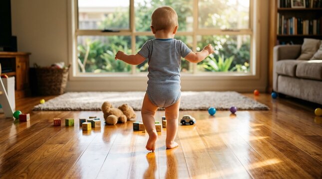 Baby taking first steps on sunlit wooden floor in a cozy living room, surrounded by toys on a bright summer day, celebrating developmental milestone.
