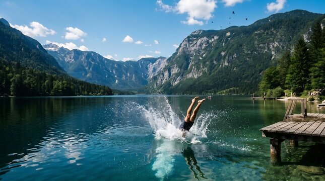 Man diving headfirst into a pristine alpine lake from a wooden dock, splashing into clear water surrounded by scenic mountains on a sunny summer day.