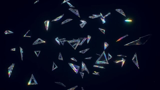 Slow motion tracking shot of floating prism shards rotating and scattering against dark void background with iridescent triangular glass fragments