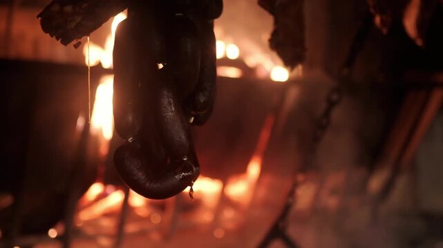 Delicious black pudding sausages hanging and dripping fat while smoking over a hot, flaming grill. Traditional food preparation in a rustic kitchen