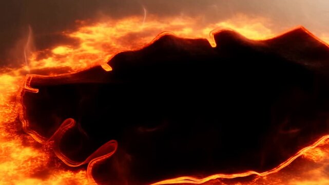 Slow motion close up of fabric burning and forming charred hole with glowing ember edges on tabletop surface in studio lighting