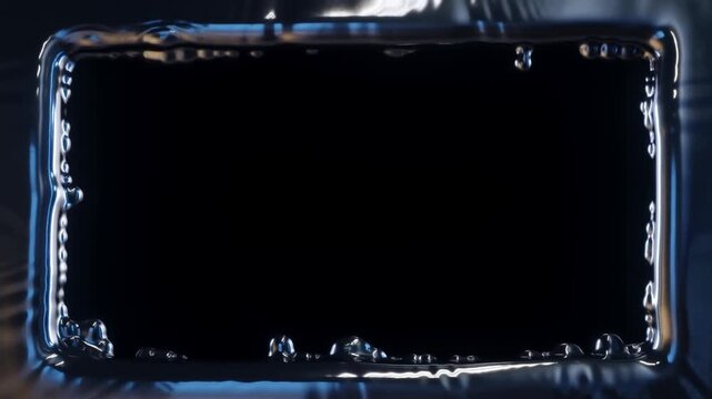 Slow motion close up of black metallic liquid forming rectangular frame with droplets and ripples on dark studio tabletop macro setting