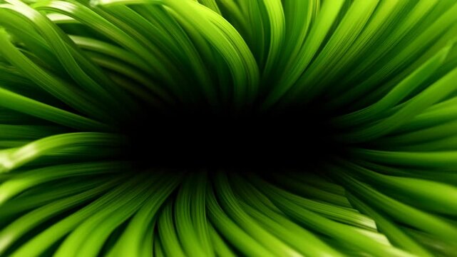 Slow motion tracking shot of green leaves spiraling into dark center in macro abstract nature close up tunnel forming rotating foliage vortex
