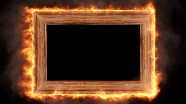 Static shot of wooden picture border engulfed in flames with flickering fire and rising smoke on black background studio setting