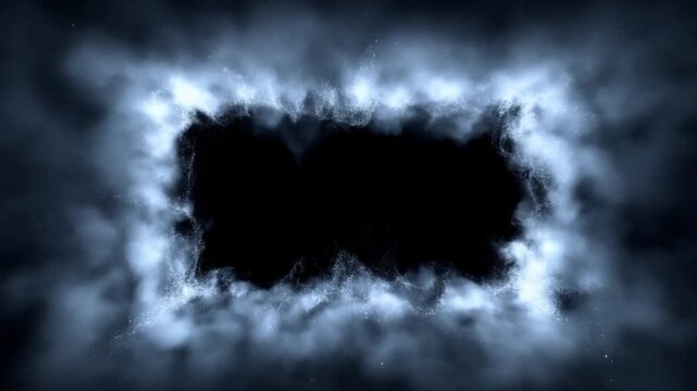 Slow motion static shot of smoke particles forming and expanding rectangular void frame in dark studio space with glowing blue mist background