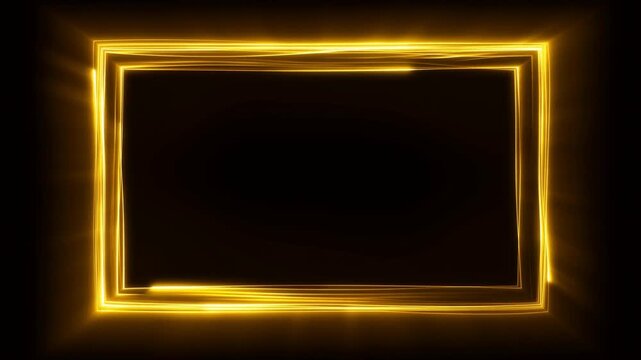 Panning shot of glowing golden rectangular frame pulsing and shifting light reflections against dark studio background