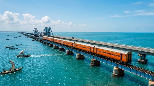 Orange train crossing scenic Pamban sea bridge under bright blue summer sky, traditional sailing boats in turquoise water, coastal travel adventure.