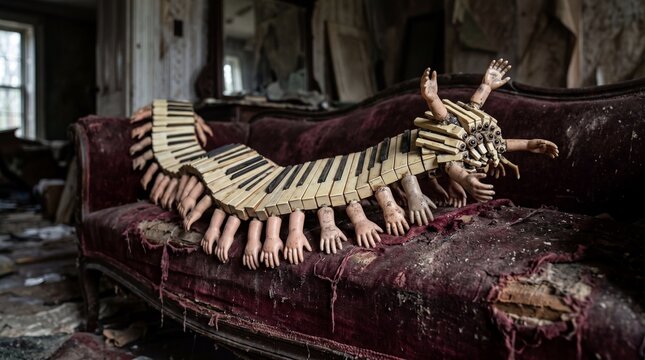 A centipede built from piano keys and porcelain doll arms crawls on a torn red velvet sofa. It turns musical elegance into a crawling nightmare, exploring uncanny dark fantasy.