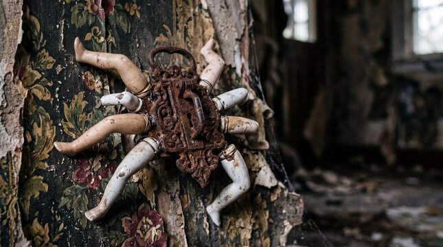 A rusty antique door lock on peeling floral wallpaper has creepy doll legs emerging like a spider. It evokes gothic dread and the unsettling corruption of childhood innocence.