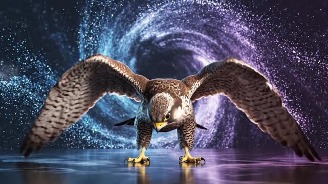 Peregrine falcon dance animation with detailed CGI fur rendering in vibrant cosmic background