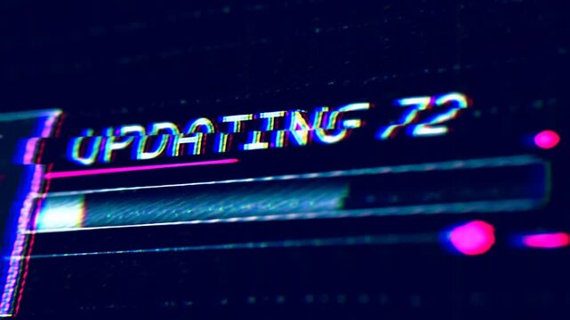 Tracking shot of progress bar updating on glitchy digital screen with neon cyan and magenta glow in cyberpunk interface