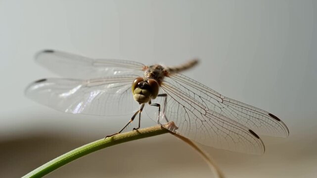 Static shot of dragonfly perched on grass stem in soft light close up macro still study showing translucent wings compound eyes and delicate legs against blurred background