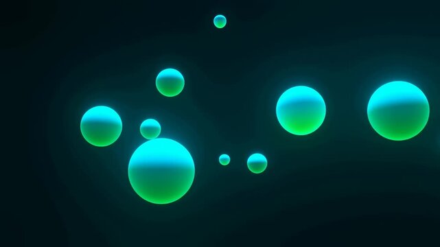 Slow motion dolly in of glowing spheres floating toward camera in dark abstract space with teal green gradient lighting and soft luminous highlights