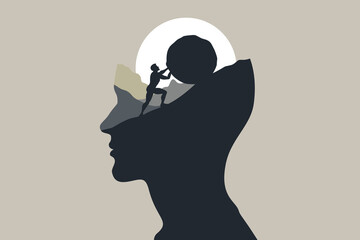 Sisyphus Struggle with Hard Work, Progress and Victory Concept Illustration © Snezana