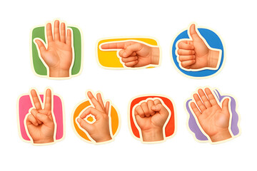 Fototapeta premium Set of six colorful hand gesture cutouts featuring peace sign, thumbs up, pointing finger, fist, okay sign, and open palm