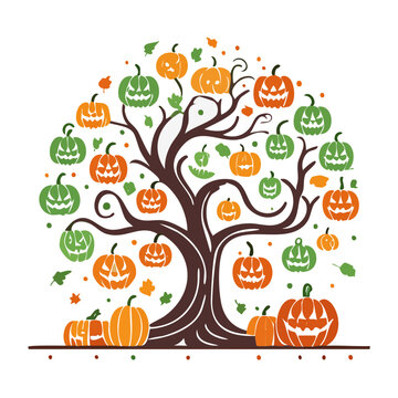 Halloween pumpkin tree with orange and green pumpkins