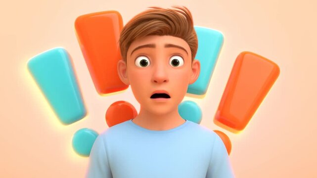 Slow zoom in on young male animated character reacting with surprised expression as colorful orange and teal exclamation marks appear behind him in pastel studio set