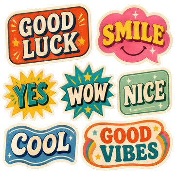 Set of six colorful retro style stickers with positive affirmations good luck, smile, yes, wow, nice, cool, good vibes