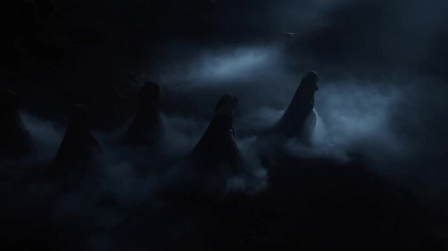 Tracking shot of cloaked figures emerging through thick fog and walking across rocky night landscape in low blue misty light