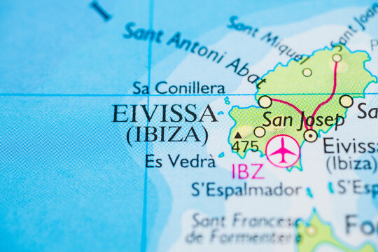 Close up travel map of Ibiza island showing Eivissa and airport location for vacation planning.