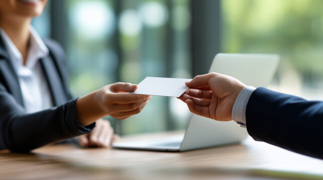 Close Up Business Card Exchange Between Professional Client and Smiling Businesswoman, Corporate Meeting, Job Interview, Agreement, Partnership, Office Communication, Trust and Dea