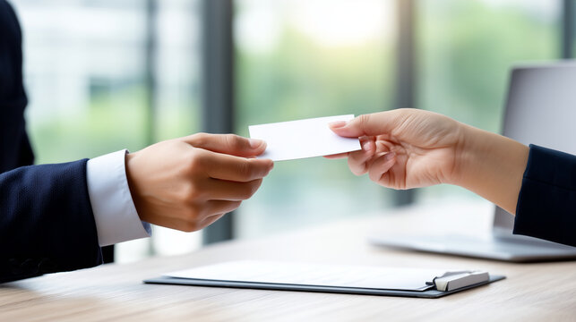 Close Up Business Card Exchange Between Professional Client and Smiling Businesswoman, Corporate Meeting, Job Interview, Agreement, Partnership, Office Communication, Trust and Dea