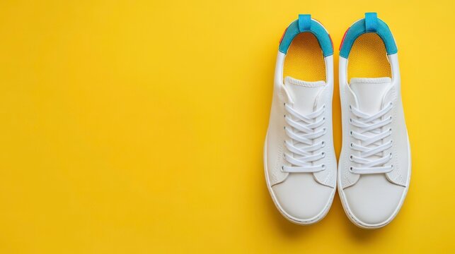 A pair of white sneakers with colorful accents on a yellow background.