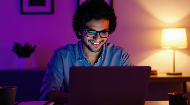 Indian man in glasses works on laptop at home desk. Modern man studies or works remotely in a brightly lit room with purple and orange lighting.