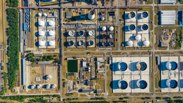 Aerial view of the Unipetrol RPA refinery with large storage tanks, complex pipelines, and industrial infrastructure Kralupy nad Vltavou, Stredocesky kraj, Czechia.
