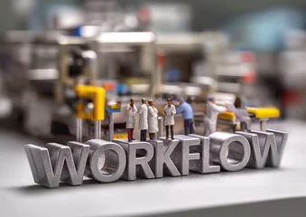 Miniature figurines workers in labcoats standing on 3d word WORKFLOW. Concept of working, research or development process. Generative AI © Lubo Ivanko