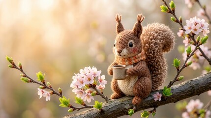 Fototapeta premium Knitted squirrel toy holding a small cup while sitting on a blooming tree branch, depicted as a cute handcrafted amigurumi animal doll in a spring garden. 