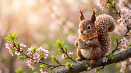 Fototapeta premium Knitted squirrel toy holding a small cup while sitting on a blooming tree branch, depicted as a cute handcrafted amigurumi animal doll in a spring garden. 