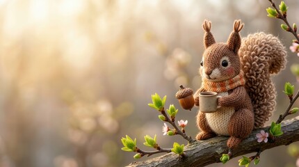 Fototapeta premium Knitted squirrel toy holding a small cup while sitting on a blooming tree branch, depicted as a cute handcrafted amigurumi animal doll in a spring garden. 