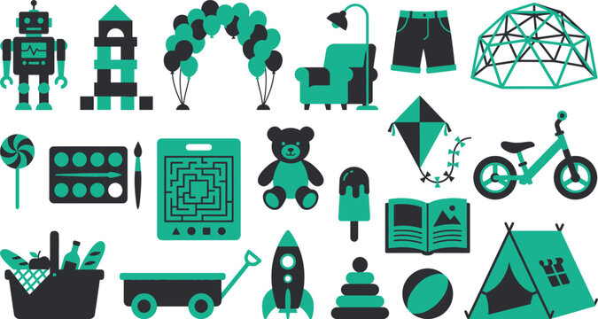 Colorful vector illustration set featuring various childhood toys and recreational objects in flat design style