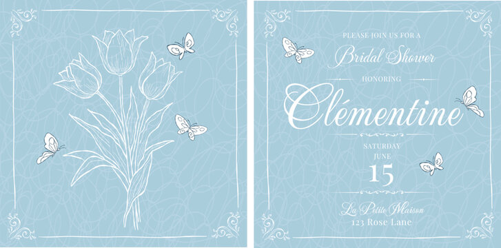 Elegant bridal shower invitation set featuring delicate hand-drawn tulips, graceful butterflies, and ornamental vintage frames for bridal showers, weddings, engagement parties, garden celebrations