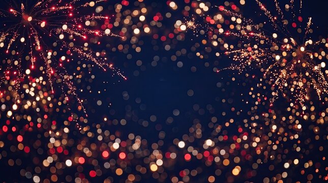 Vibrant fireworks exploding in the night sky with colorful bokeh lights