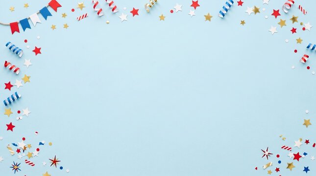 Colorful party decorations with stars and confetti on blue background for celebration
