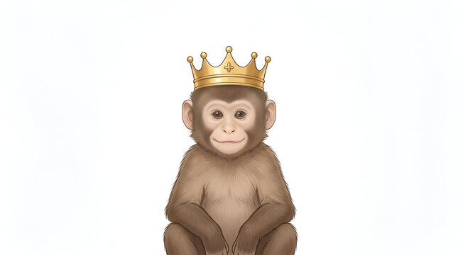 Adorable cute monkey with a gold crown on its head isolated on white background