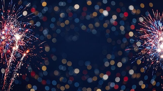 Fireworks exploding in night sky with colorful bokeh lights background