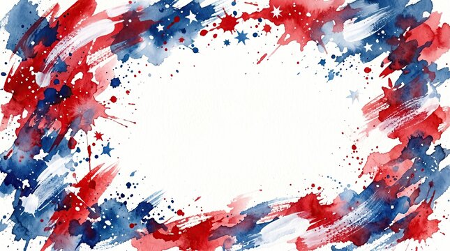 Patriotic watercolor frame with red, white, and blue brushstrokes and stars