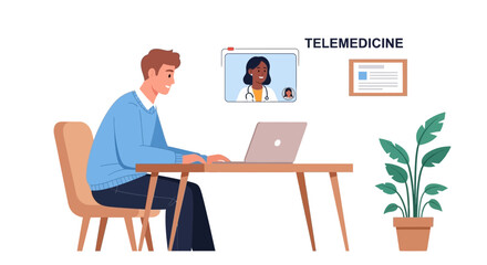Fototapeta premium Telemedicine Consultation: Man Video Calls Doctor Online for Remote Healthcare Advice