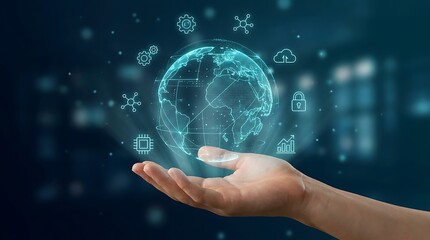 Fototapeta premium Human hand holding glowing digital earth with technology icons