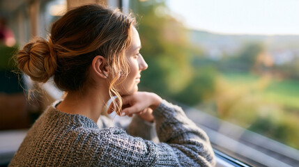 Obraz premium A European woman viewed from behind gazes softly out a bright train window at a calm passing landscape in soft daylight train window faceless back view bright transit daylight