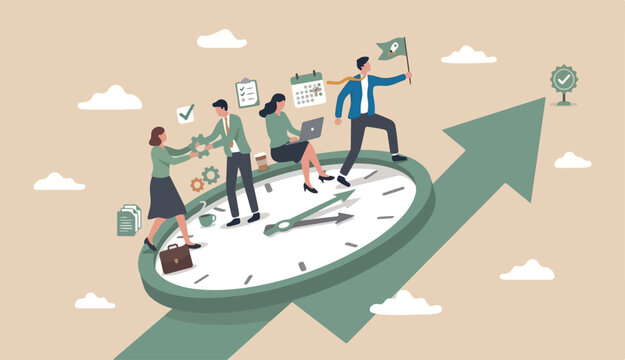 Time management, effort efficiency boost, productivity finish project into teamwork planning, multitasking finish work within deadline concept, business people riding clock up rising arrow