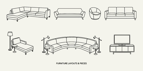 Modern living room furniture pieces and layouts including sofas couches chairs and television stands. © Tasnimul