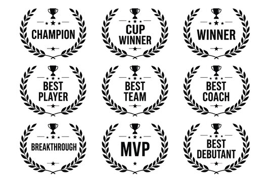 Vintage laurel wreath award collection, set of 9 black trophy icons for champion and winner, sports achievement badges with MVP and best player text isolated on White Background ai