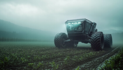Large autonomous farming vehicle with huge wheels moving over field on dark rainy day, autonomous future agriculture concept. Generative AI © Lubo Ivanko