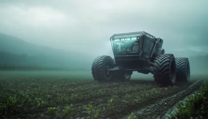 Large autonomous farming vehicle with huge wheels moving over field on dark rainy day, autonomous future agriculture concept. Generative AI © Lubo Ivanko